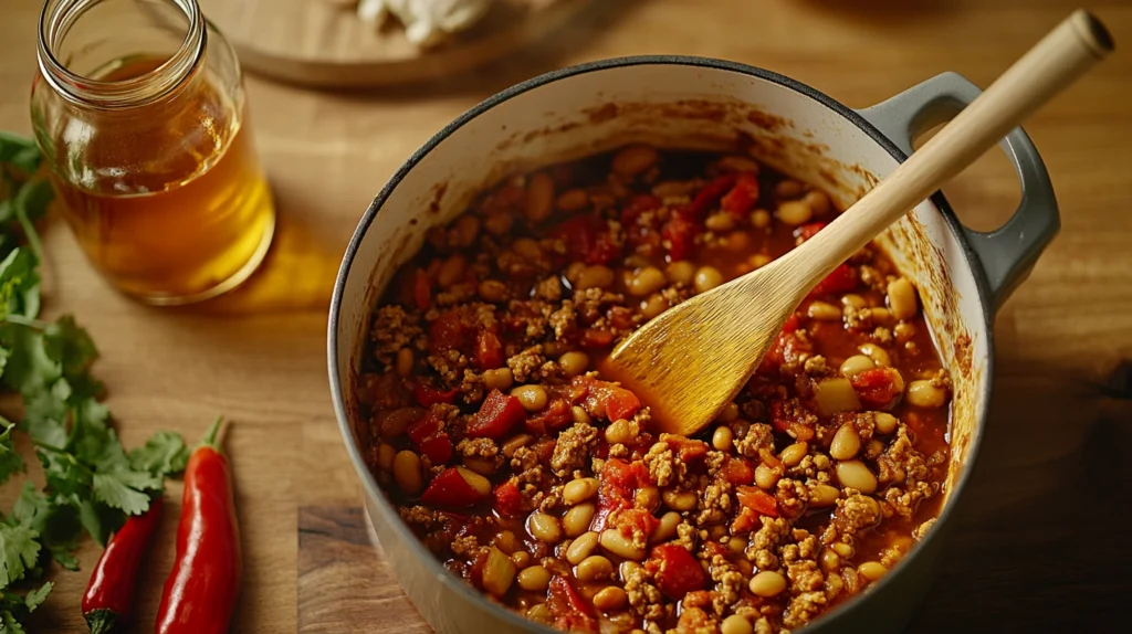 Adding beans, meat, and spices to Sweet and Spicy Chili