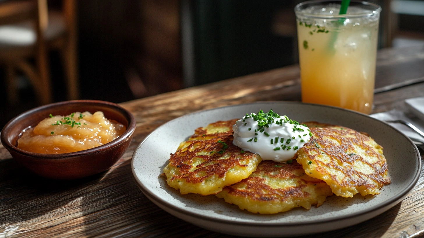 Cheesy potato pancakes served with sour cream and chives, paired with applesauce and lemonade on a rustic wooden table