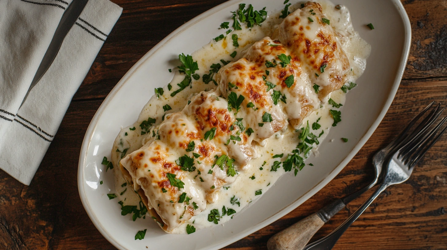 Overhead shot of creamy chicken Alfredo lasagna roll-ups recipe garnished with parsley and served on a white plate.