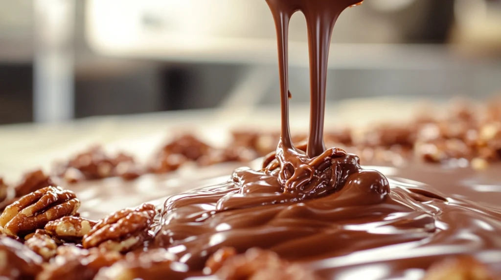 Melted chocolate being drizzled over caramel and pecan clusters, creating a smooth and glossy coating.