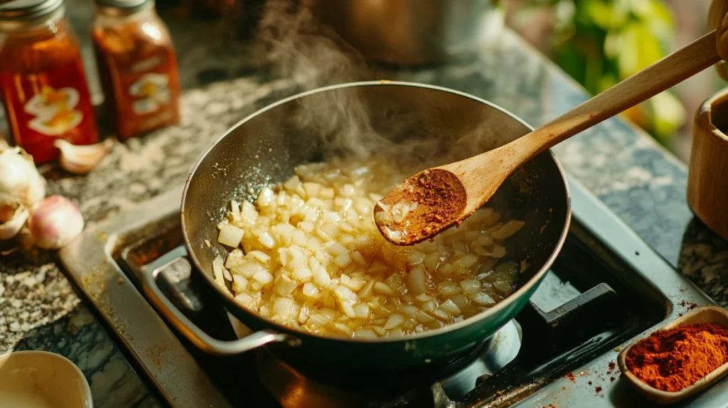 Sautéing onions and garlic for chili in a pot