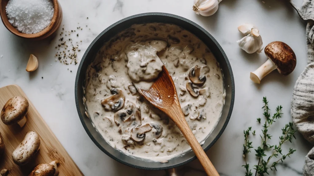 Overhead view of creamy mushroom sauce being stirred in a saucepan, surrounded by fresh ingredients.