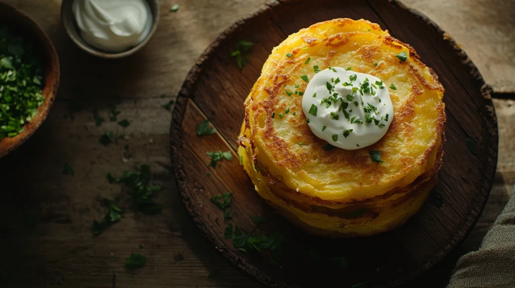 Golden crispy potato pancakes with melted cheese garnished with parsley, served on a rustic wooden plate