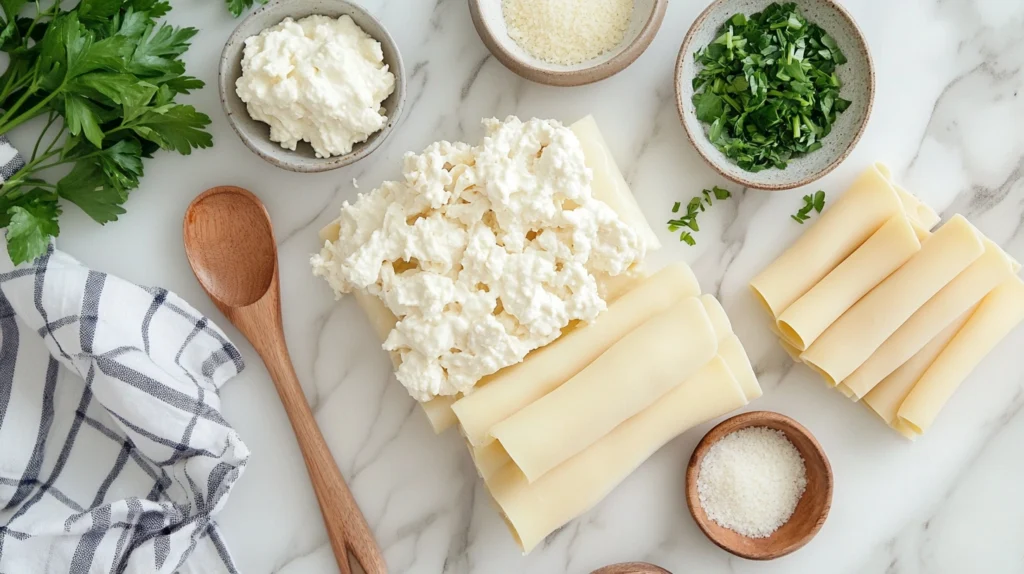 Ingredients for chicken Alfredo lasagna roll-ups, including shredded chicken, ricotta cheese, Parmesan, and lasagna noodles