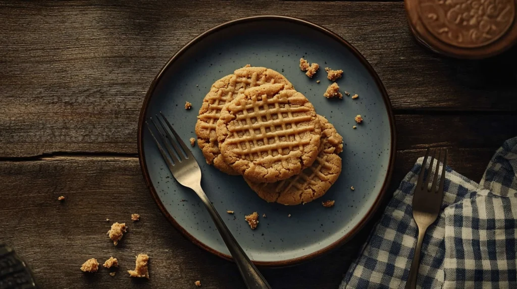 Overhead view of freshly baked 4-ingredient peanut butter cookies with a crisscross fork pattern