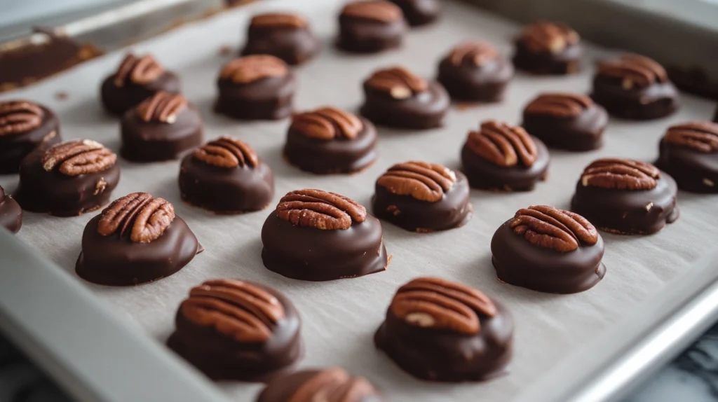 Chocolate pecan turtle clusters assembled with caramel and pecans before the chocolate hardens.