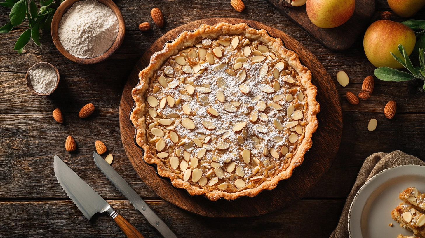 Overhead view of a golden almond apple tart garnished with powdered sugar and almond slices.