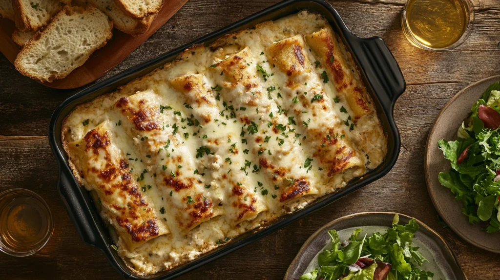 Golden, bubbly chicken Alfredo lasagna roll-ups fresh out of the oven, garnished with parsley.