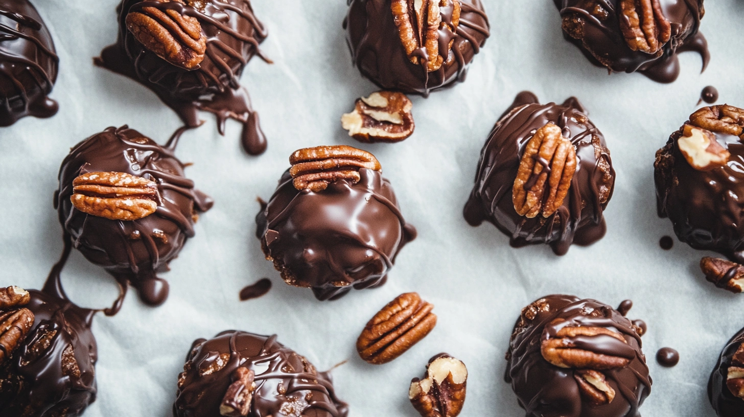 Close-up of homemade chocolate pecan turtle clusters drizzled with chocolate and topped with toasted pecans.