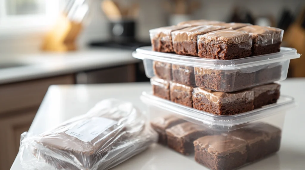 Individually wrapped Peanut Butter Brownie Recipe  stacked in a freezer-safe container with a labeled bag for long-term storage.