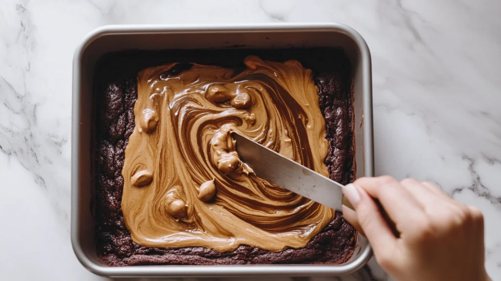 Peanut butter being swirled into brownie batter in a baking pan, showing the step-by-step process of creating a marbled effect