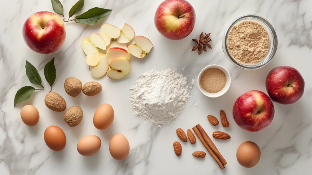 Flat lay of fresh apples, almond flour, sugar, butter, eggs, and spices on a marble countertop.