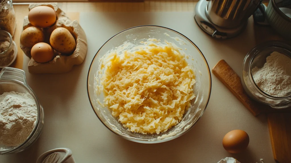 Ingredients for cheesy potato pancakes, including grated potatoes, shredded cheese, eggs, and flour, arranged on a countertop