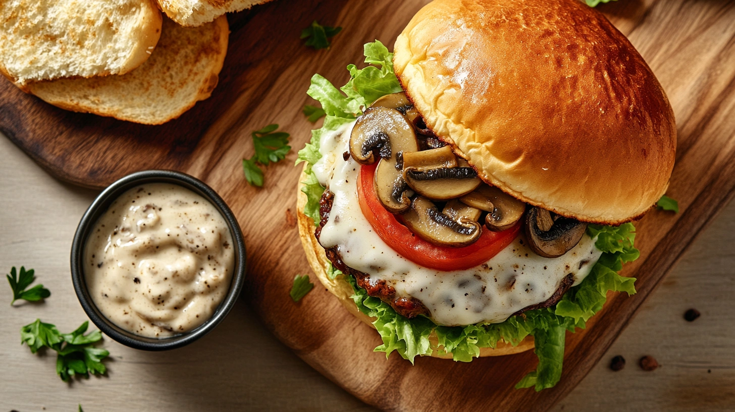 Close-up of a juicy mushroom smash burger with creamy mushroom sauce and fresh toppings on a wooden board.