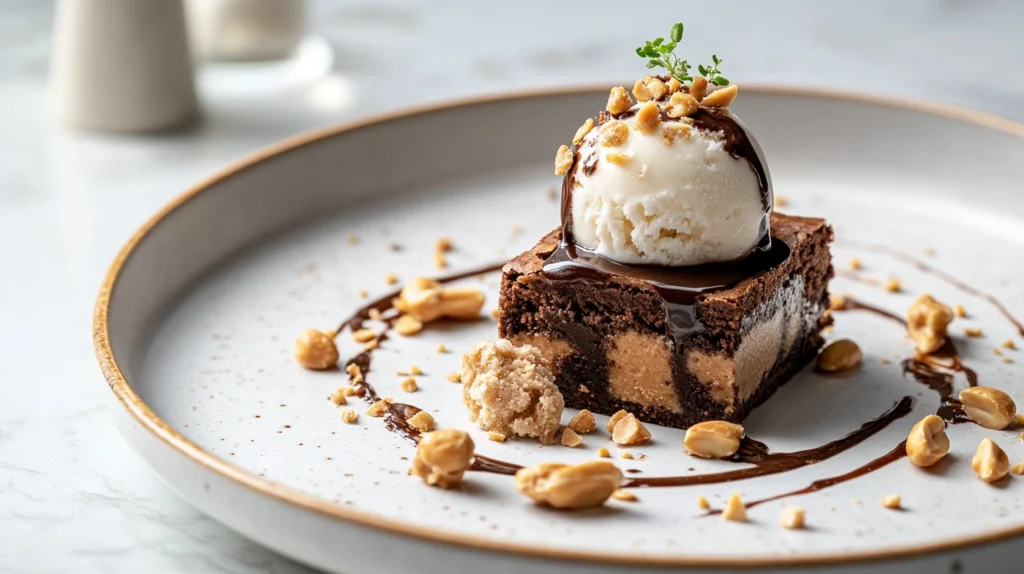 Two peanut butter brownies served with vanilla ice cream, chocolate drizzle, and chopped peanuts on a decorative plate