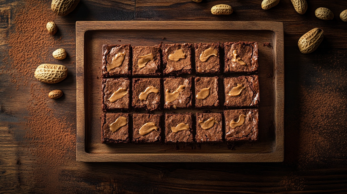 Freshly baked peanut butter brownies recipe with a perfect swirl, cut into squares on a wooden tray, surrounded by cocoa powder