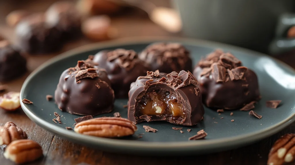 A plate of finished chocolate pecan turtle clusters, with one cluster bitten into, showing the caramel filling.