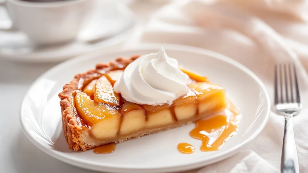 A slice of almond apple tart on a white plate with whipped cream and caramel drizzle.