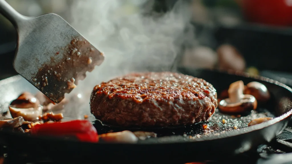 Close-up of a spatula smashing a beef patty onto a hot skillet with sizzling edges and steam.