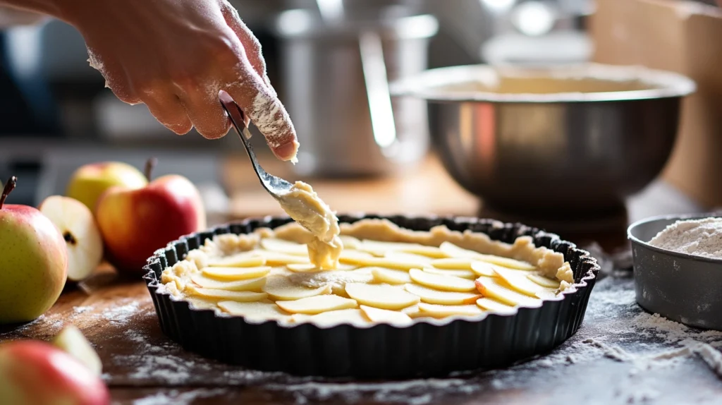 Close-up of a person spreading almond cream onto tart dough with apple slices in the background.