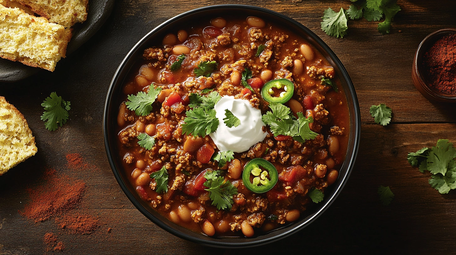 Bowl of sweet and spicy chili with beans and garnishes on a rustic table