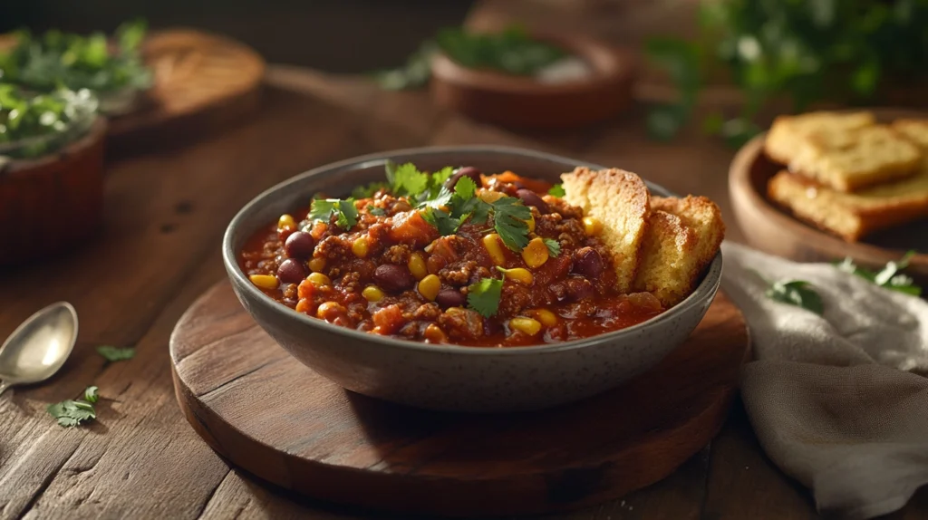 Sweet and Spicy Chili Recipe served with cornbread slices