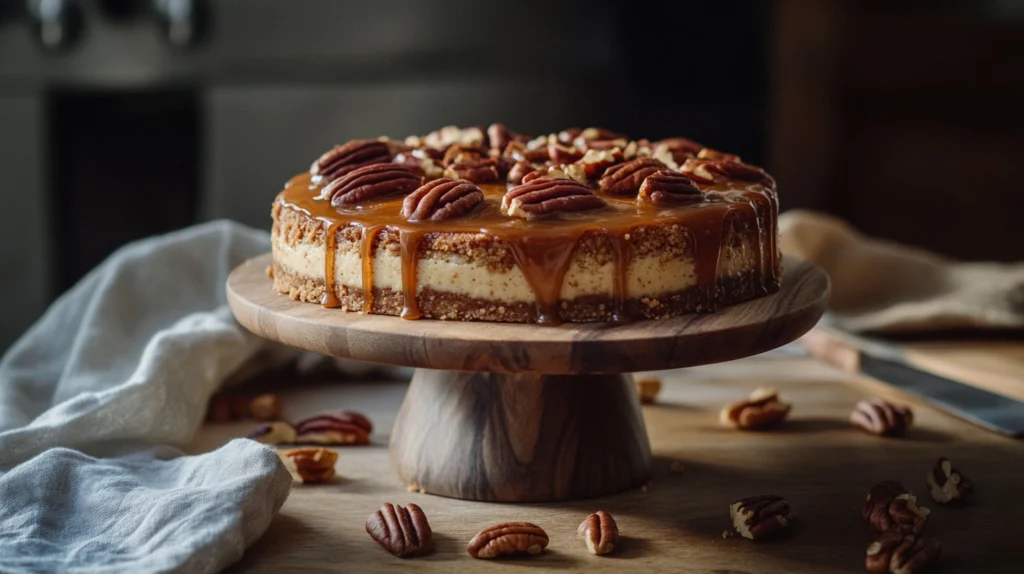 A whole caramel pecan pie cheesecake with a golden crust and glossy caramel drizzle, topped with toasted pecans.