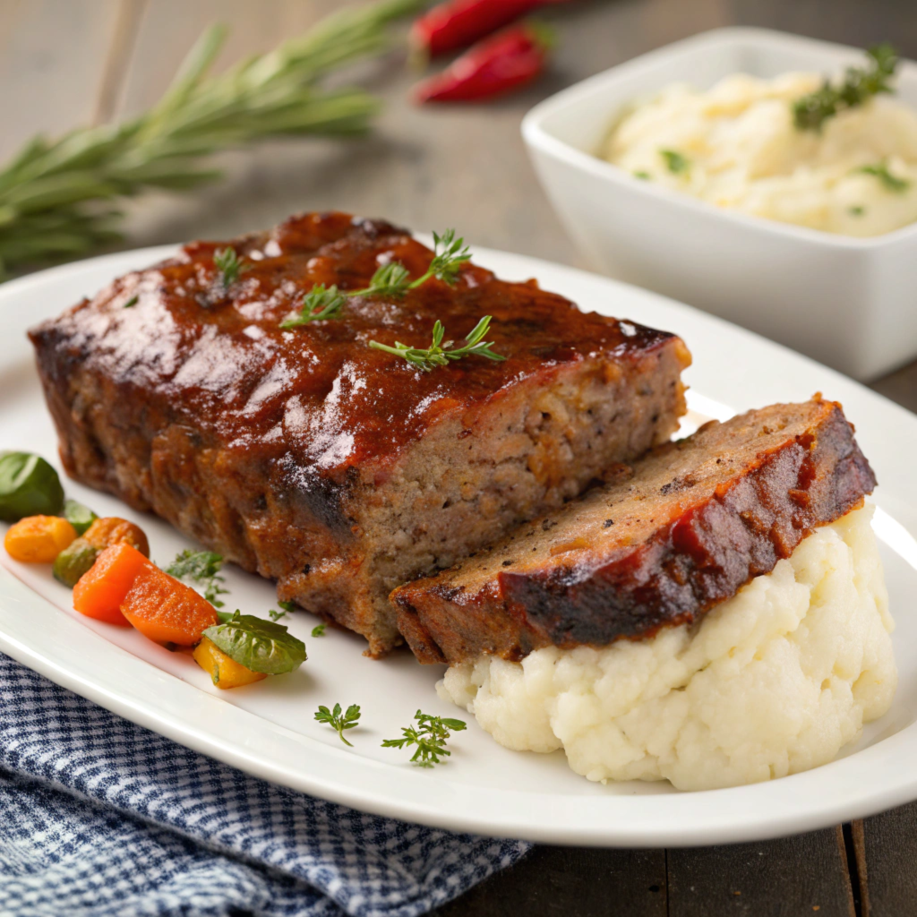 Barbecued meatloaf slices served with mashed potatoes and grilled vegetables