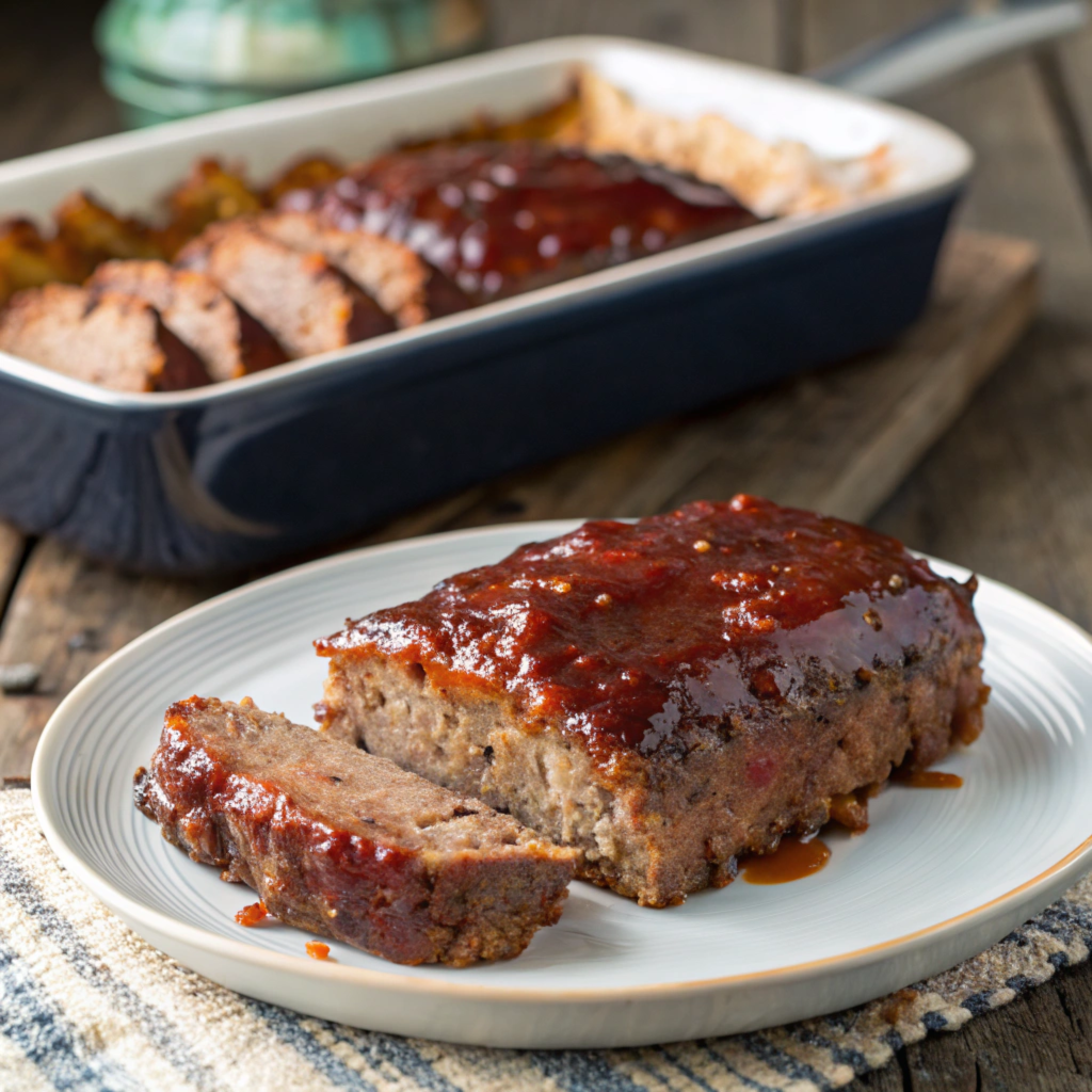 Barbecued meatloaf served on a platter with a smoky barbecue glaze and fresh herbs.