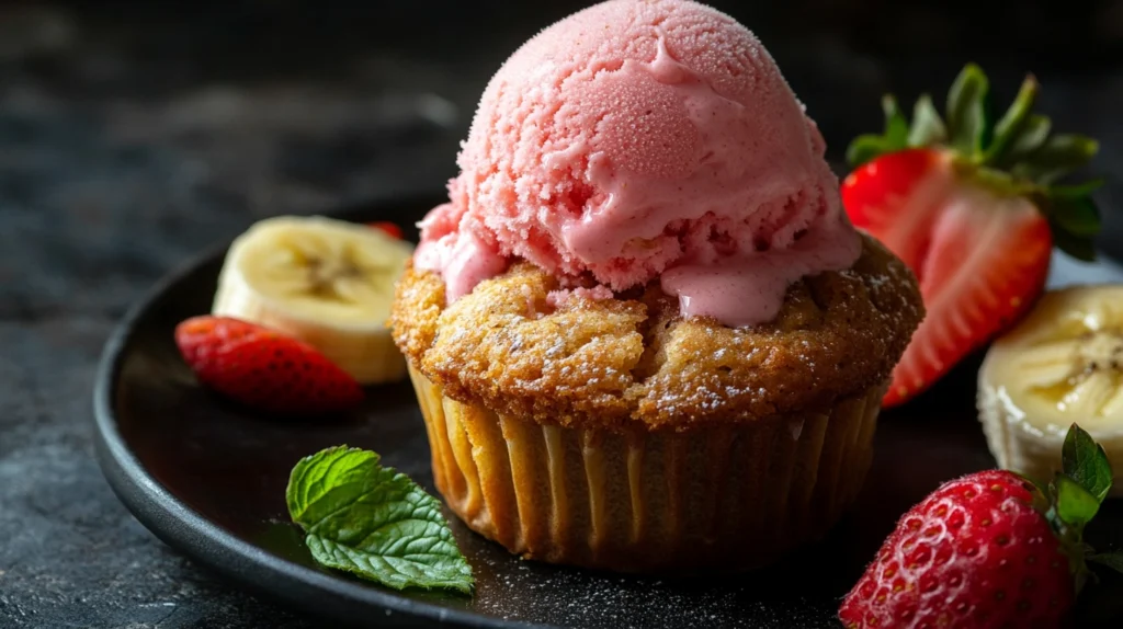 banana muffin served with strawberry ice cream