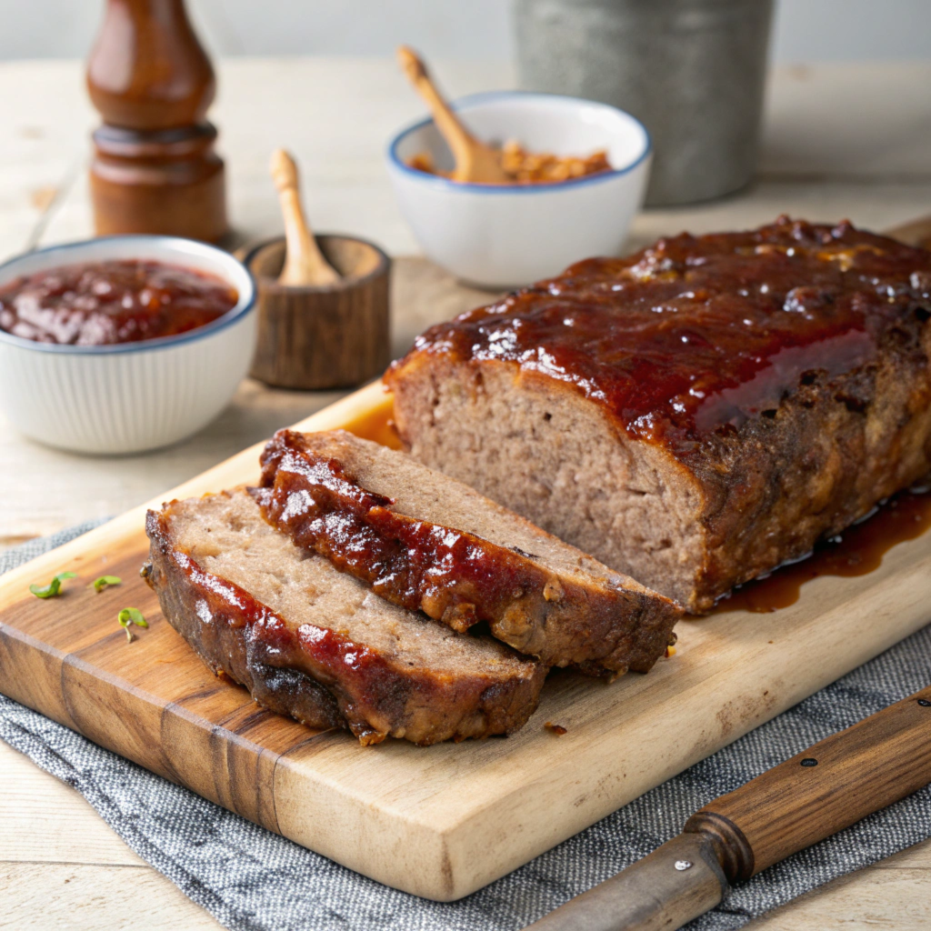 Barbecued meatloaf cooking on a grill with a tangy barbecue glaze being brushed on