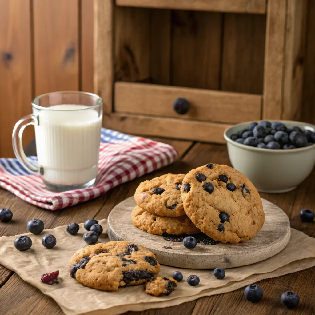 Close-up of a freshly baked lemon blueberry cookie showing its soft and chewy texture seved with milk