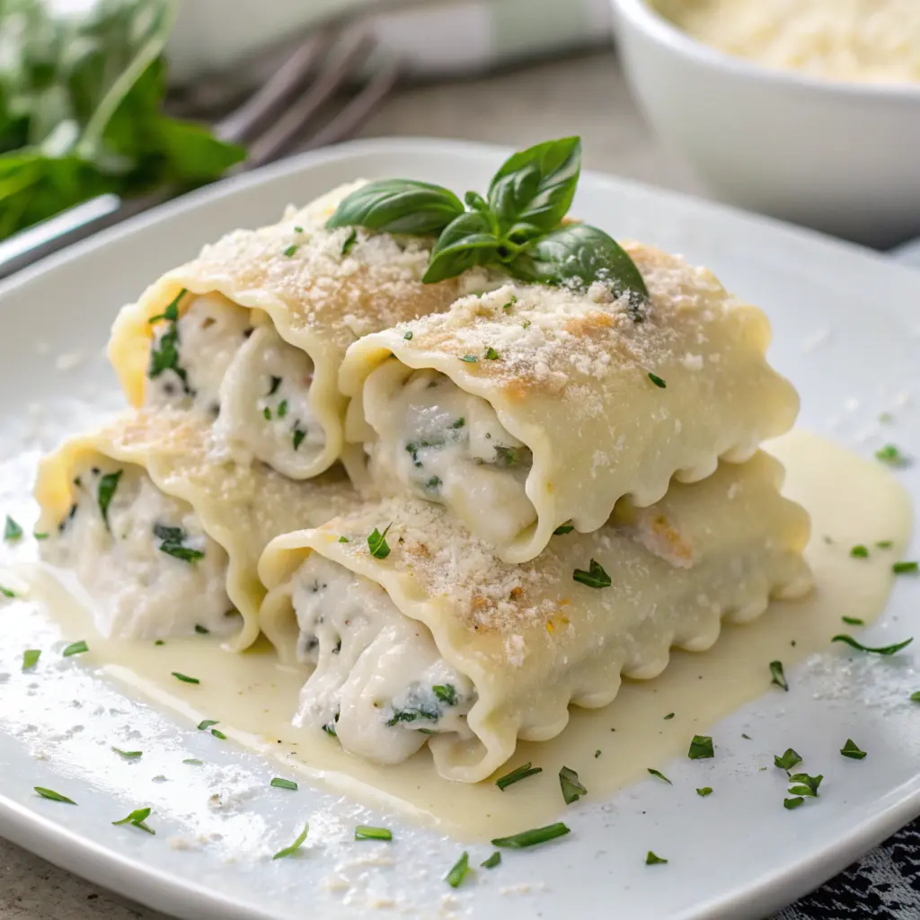 Chicken Alfredo Lasagna Roll-Ups on a serving plate