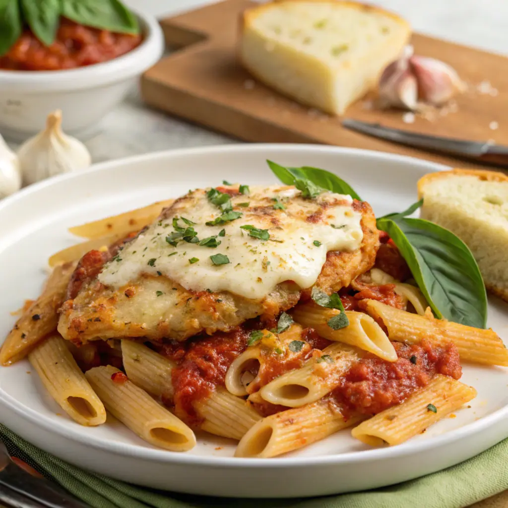 A plate of baked chicken parmesan pasta garnished with fresh basil leaves