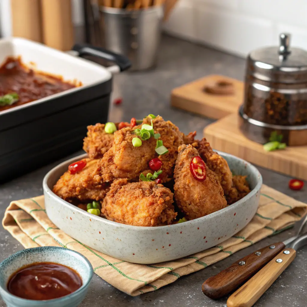 Crispy spicy fried chicken recipe with golden brown coating served on a plate