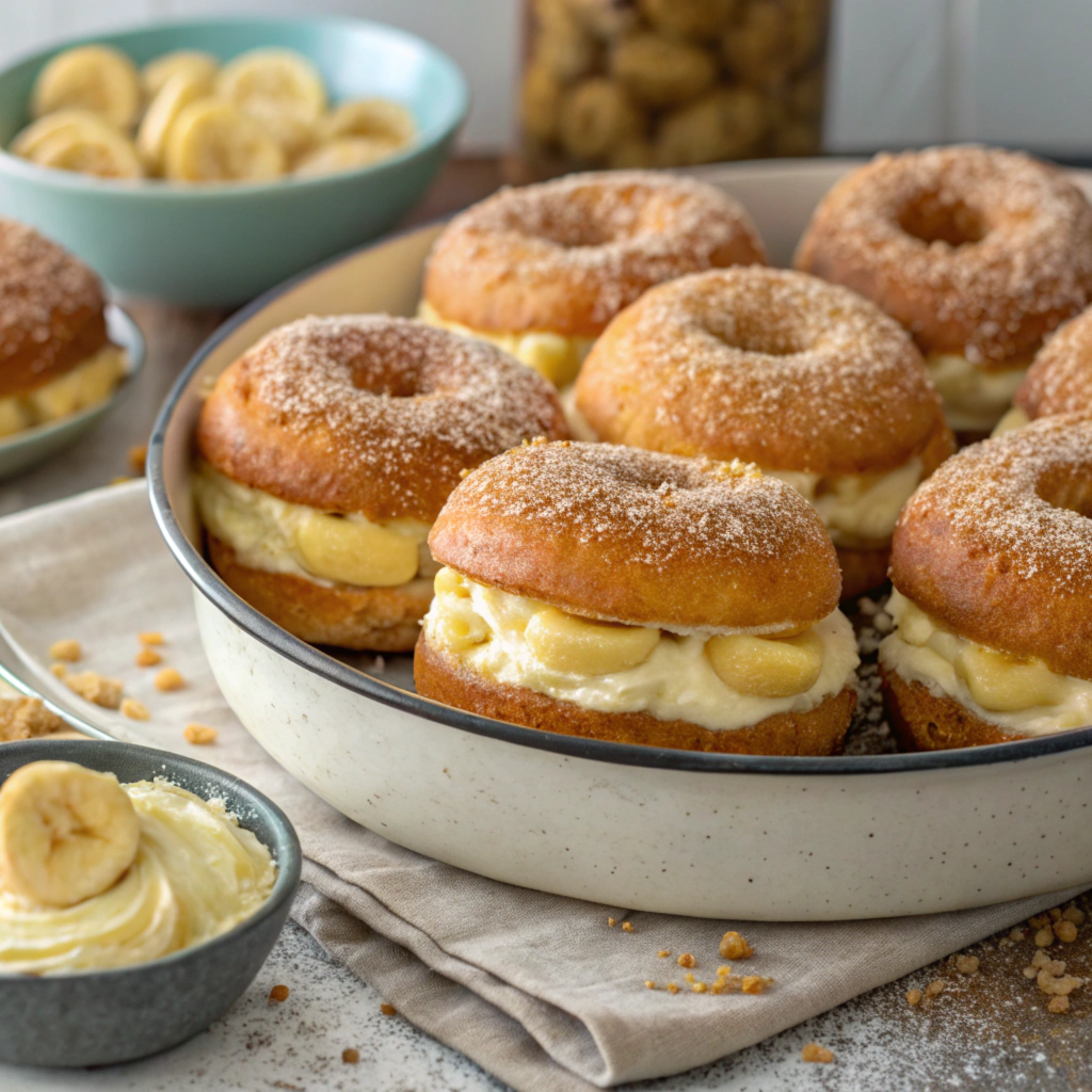 Freshly baked banana donuts recipe with banana cream