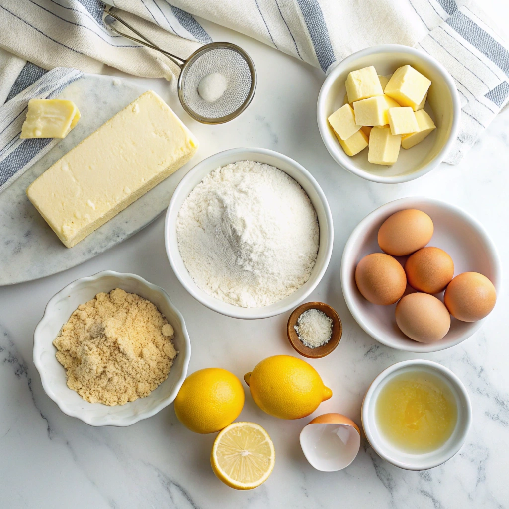 Ingredients for making lemon crumb bars, including flour, butter, sugar, lemons, and eggs, arranged neatly on a marble counter.