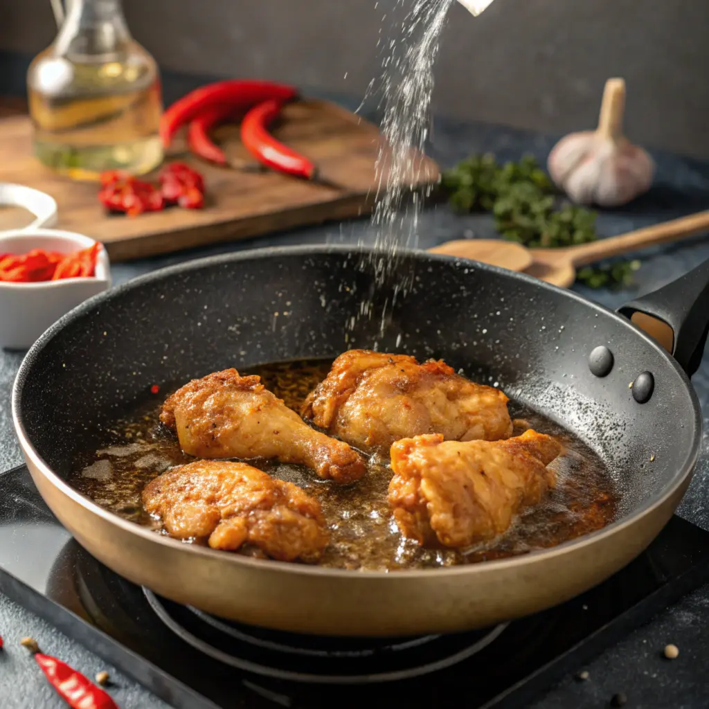 Chicken pieces frying in hot oil to make crispy and spicy fried chicken