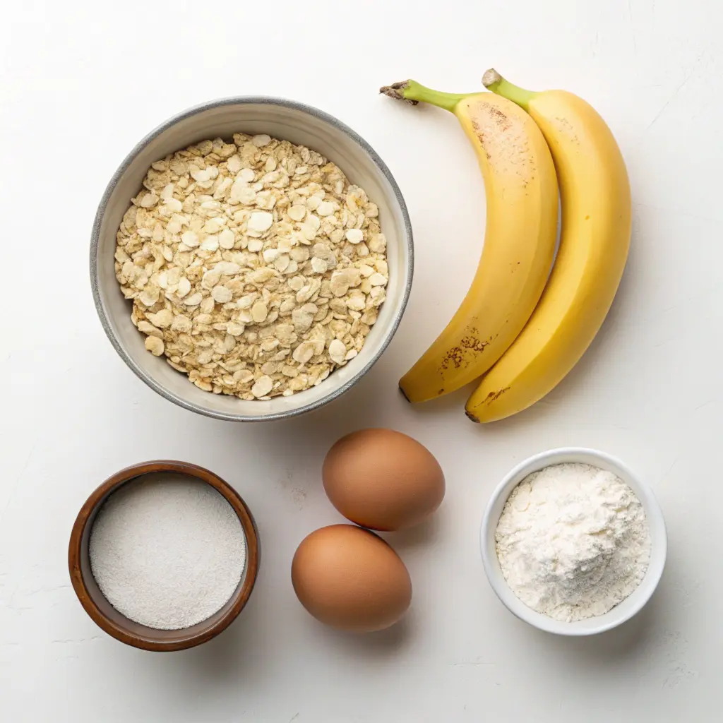 Bananas, oats, eggs, and baking soda for 4-ingredient oat banana bread recipe