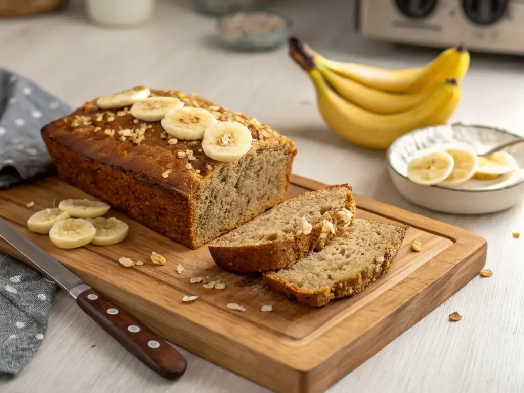 4-ingredient oat banana bread loaf on a wooden cutting board