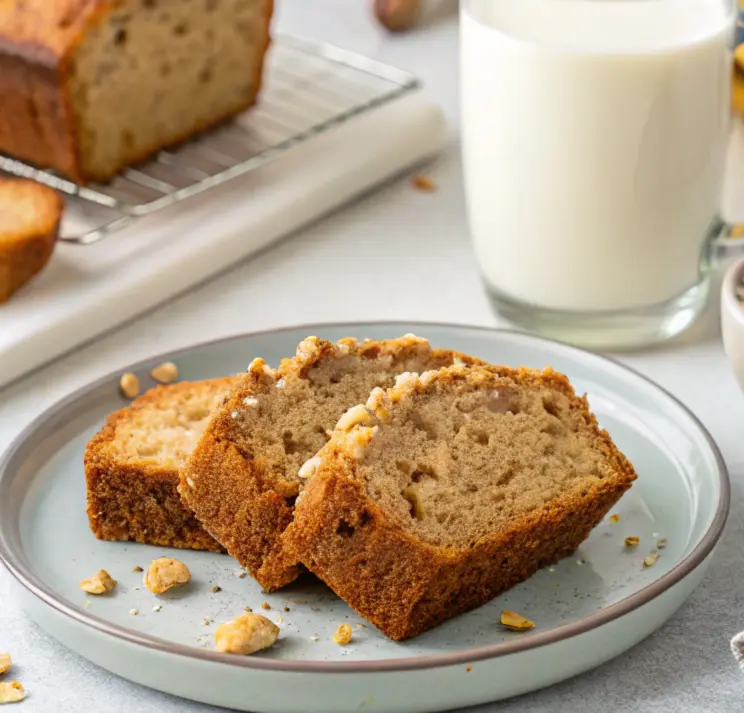 Sliced 4-ingredient oat banana bread served on a plate with a cup of milk