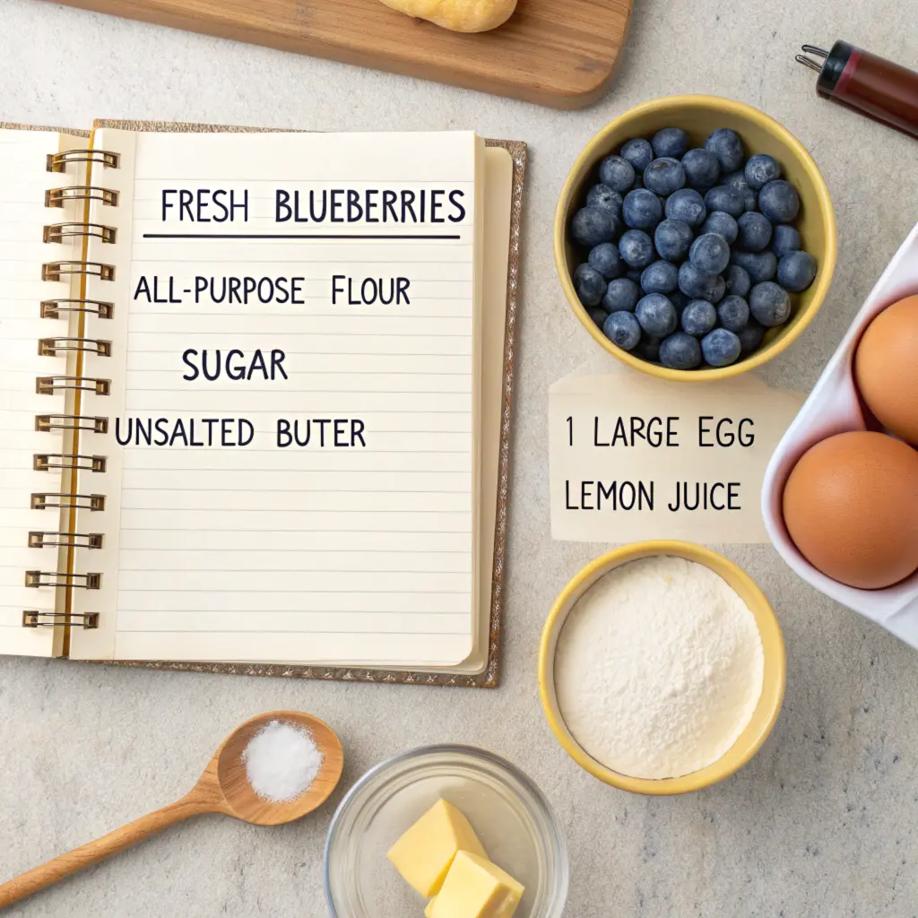 Ingredients for lemon blueberry cookie recipe including lemons, blueberries, flour, and sugar