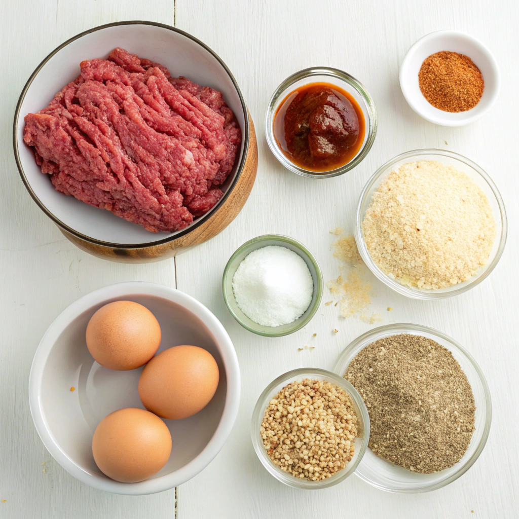 Ingredients for barbecued meatloaf including ground beef, breadcrumbs, barbecue sauce, eggs, and seasonings