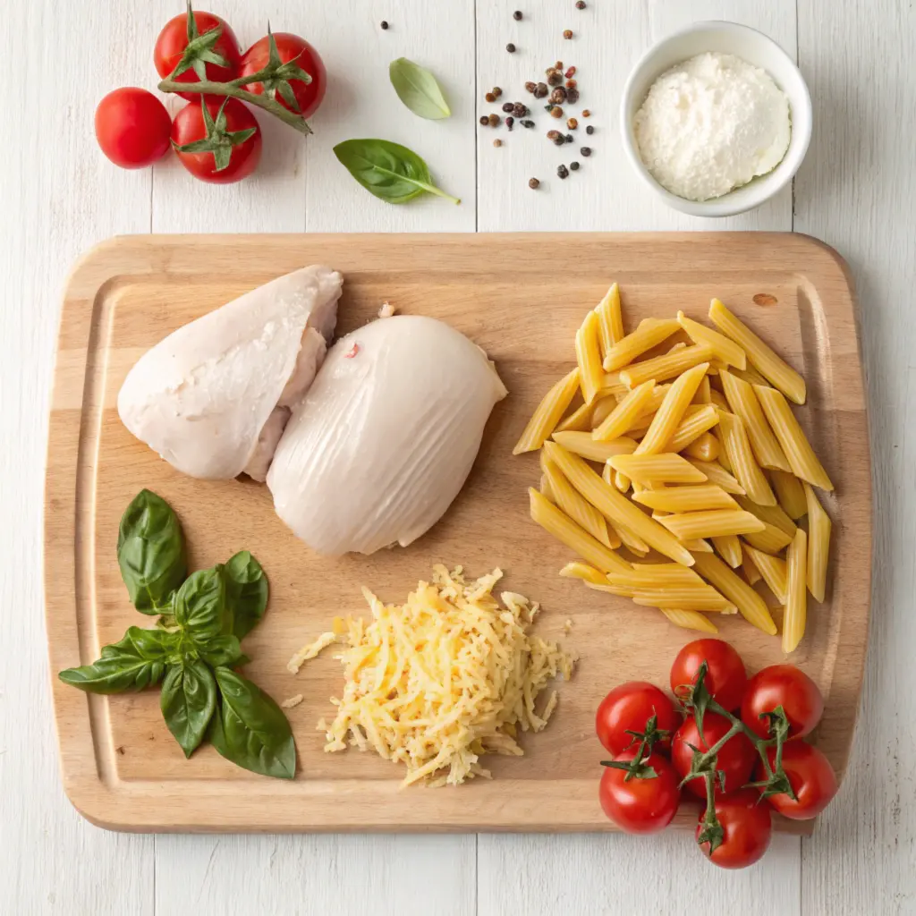 Ingredients for baked chicken parmesan pasta, including pasta, chicken, tomato , mozzarella, and Parmesan cheese