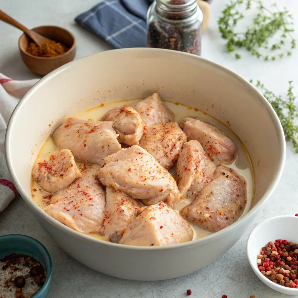 Marinating chicken in buttermilk and spices for the ultimate spicy fried chicken 