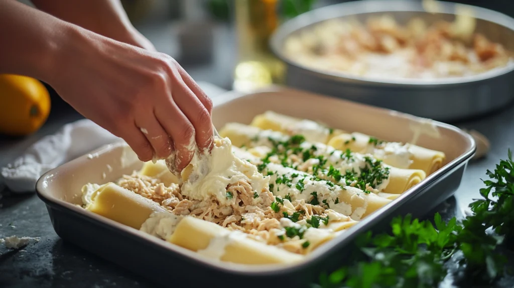 Hands assembling chicken Alfredo lasagna roll-ups by spreading ricotta cheese on a lasagna noodle.