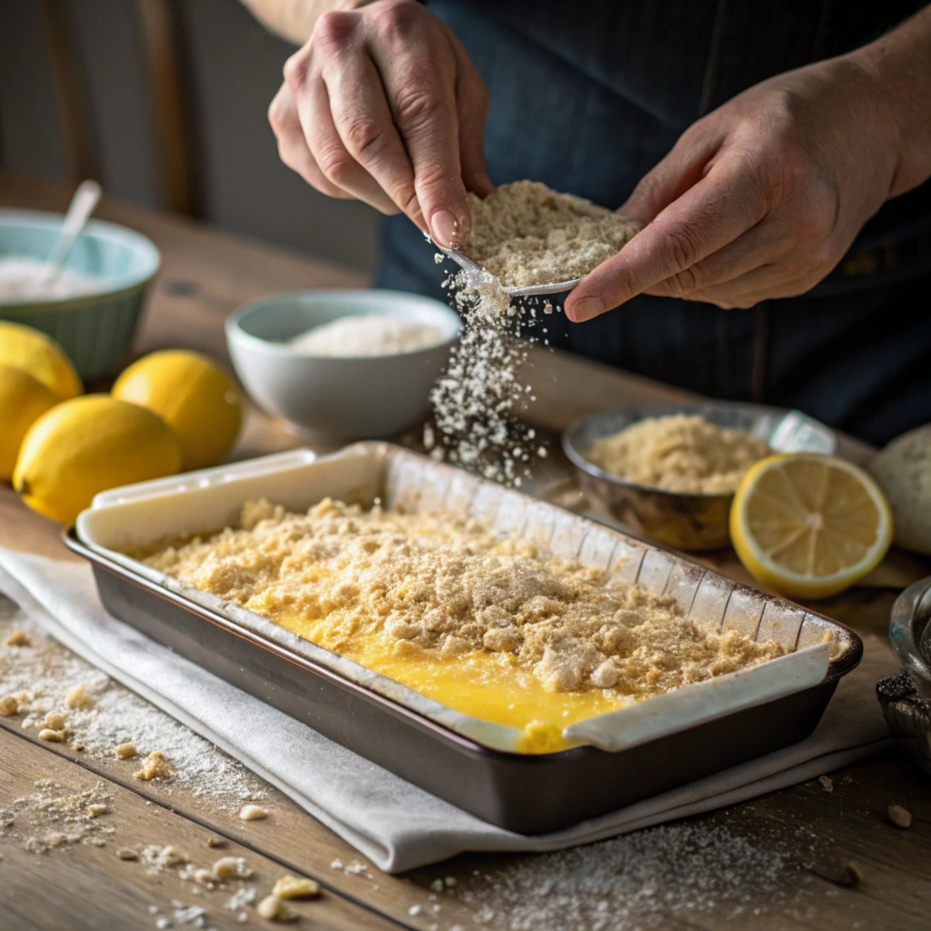 Close-up of hands sprinkling crumb topping over lemon filling in a baking dish.