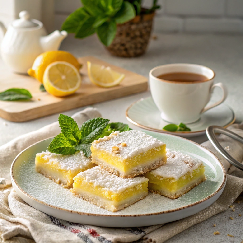 Plate of lemon crumb bars dusted with powdered sugar, served with tea and garnished with fresh mint leaves.