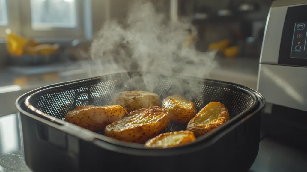 Cottage cheese recipe for air fryer baked potato skins in an air fryer basket, golden edges visible during cooking