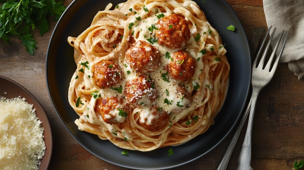 Plate of Alfredo meatballs with creamy sauce and parsley garnish.